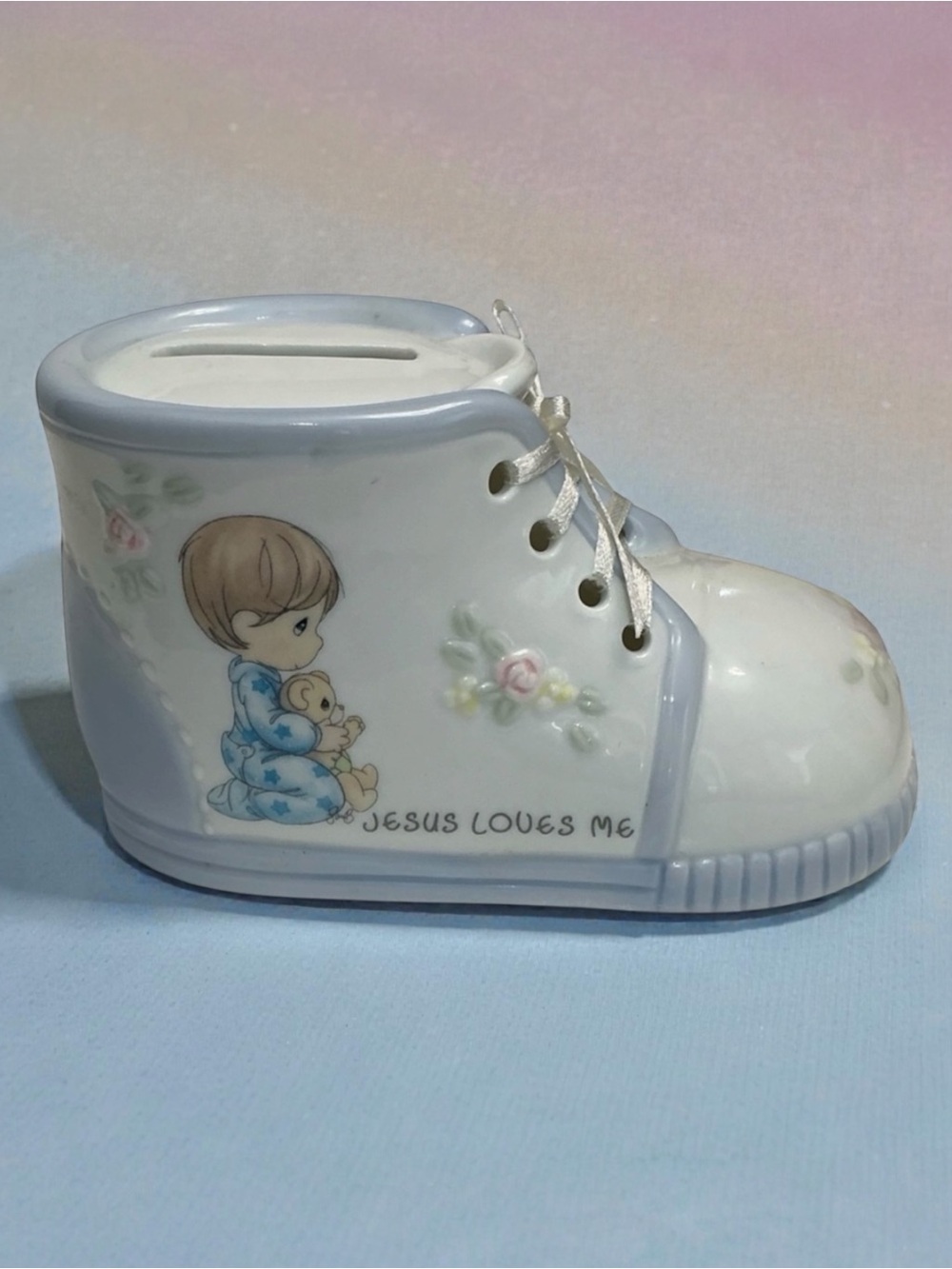 Vintage Precious Moments by Enesco Jesus Loves Me Boy Ceramic Shoe Piggy Bank
